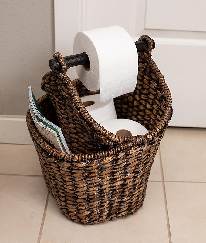 BIRDROCK HOME Seagrass Magazine and Bathroom Basket - Hand Woven Toilet Paper Holder with Pocket - Grey Wash - Stylish Decorative Design - Wooden Basket Décor - Dispenser