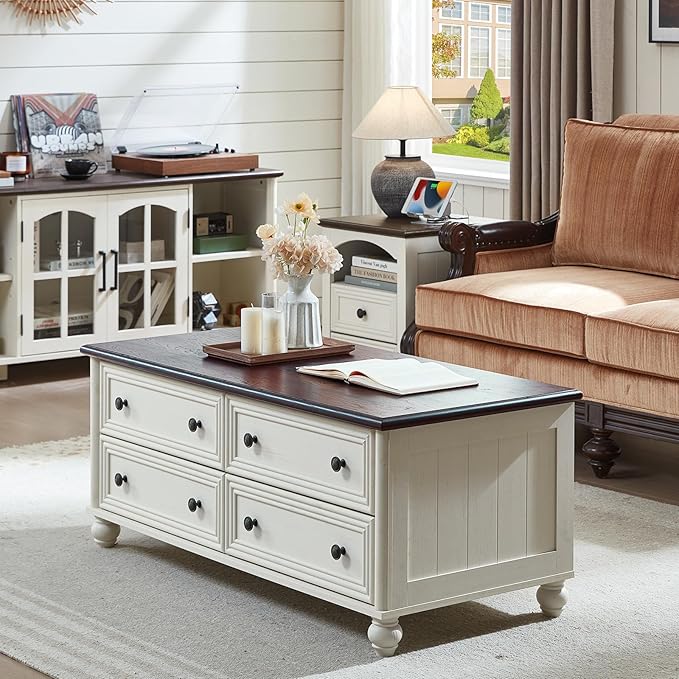 48" Farmhouse Coffee Table with Hidden Storage,Wooden Coffee Tables with 4 Drawers & Roman Column Handle,Rectangular Rustic Center Table with Solid Wood Curved Base for Living Room,Office,White