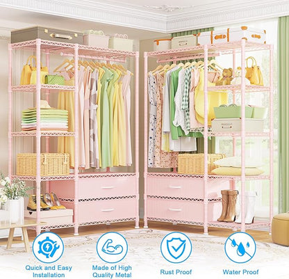 Ulif F3 Heavy Duty Clothes Rack（With Fabric Drawers）Freestanding Clothing Racks for Hanging Clothes，Adjustable Closet Organizer System，Portable Garment Rack 40" W x 15" D x 72" H，Max Load 700LBS，Pink