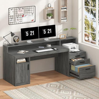 Executive Computer Desk with 3 Drawers & Storage Shelves, 65 Inch Home Office Desk with File Drawer & Cabinet, Writing Study Desks with Monitor Stand & Printer Shelf, Dark Grey