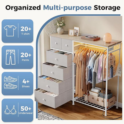 OLIXIS 6 Storage for Bedroom with Hanging Rack with LED Lights & Charging Station, Fabric Chest of Storage with Rack, Wooden Top, for Home Living Room Entryway Light Grey