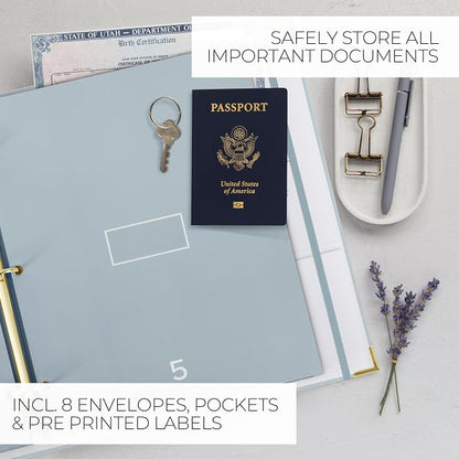 Important Document Organizer Set with Folders - Complete Linen Ring Binder Set Safely Stores All Documents & Files in One Place - Easy to Use Expanding Storage Incl. Envelopes, Pockets & Labels