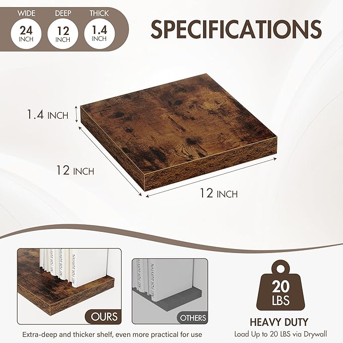 Acovy 12 Inch Floating Shelves, 12" Deep Floating Shelf Wall Mounted, 12" Wall Shelves, Rustic Deep Bookshelf, Extra Deeper Display Shelves & Storage Shelves for Bedroom, Living Room, Set of 3