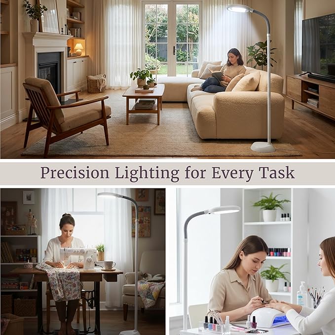 Bedford Home Floor Lamp - Full Spectrum Natural Sunlight Lamp with Bendable Neck - Reading, Craft, Studying, and Esthetician Light (Beige)