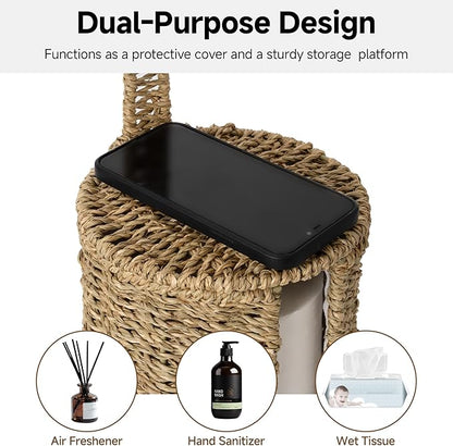 StorageWorks Wicker Seagrass Freestanding Toilet Paper Holder Stand with Storage, Farmhouse Covered Toilet Paper Stand for 4 Rolls with Cloth Lining, Tissue Holder for Bathroom Decor with Shelf