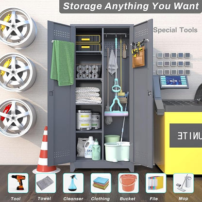 72.8" H Storage Cabinets,Broom Closet Storage Cabinet with Adjustable Shelves,Metal Lockable Storage Cabinet with Locking Doors,Tall Utility Cabinets for Garage,Laundry,Office,Grey