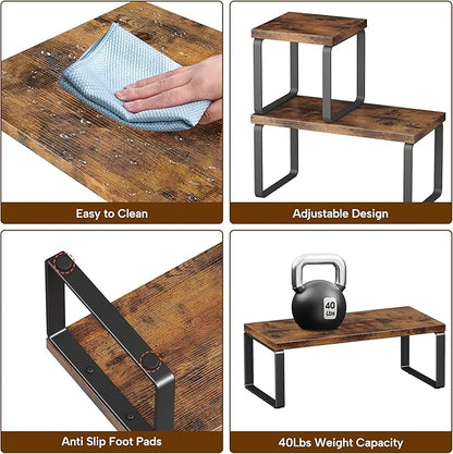 2 Sets Wooden Desktop Organizer Shelf, 2-Tier Adjustable Freestanding Bookshelf Desk Shelf, Stackable Desk Organizer for Office, Dorm, Bedroom, Space Saving, Easy Assembly, Rustic Brown (2 Pack)