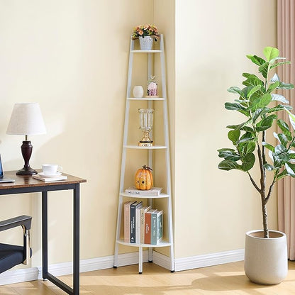 Hoctieon Corner Shelf, 5-Tier Corner Bookshelf, Rustic Ladder Shelf, Industrial Display Stand for Living Room, Kitchen, Home Office, Balcony, Small Space, Metal Frame, White