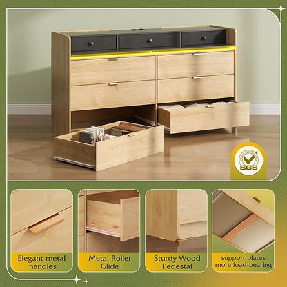 WLIVE 9 Drawer Led Dresser for Bedroom, 58" Wide Wood Dresser Storage Organizer with Charging Station for 65" TV, Dressers with Open Shelves, Chest of Drawers for Closet, Living Room, Light Oak