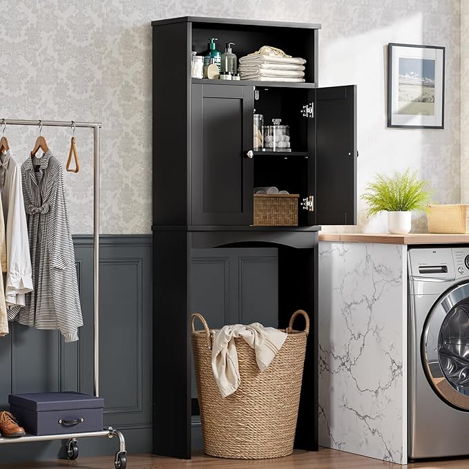 Over The Toilet Storage Cabinet, Over Toilet Bathroom Organizer with Adjustable Shelf and Double Door, Over The Toilet Cabinet for Bathroom Storage Over The Toilet Bathroom Organizer, Black