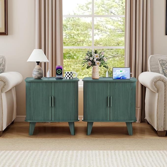 24" Large Fluted End Table with Charging Station, Farmhouse Sofa Side Table with Sliding Tambour Door & Storage, Curved Rustic Wood Nightstand for Living Room, Bedroom, Green