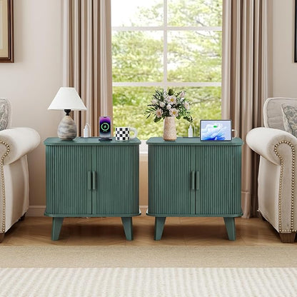 24" Large Fluted End Table with Charging Station, Farmhouse Sofa Side Table with Sliding Tambour Door & Storage, Curved Rustic Wood Nightstand for Living Room, Bedroom, Green