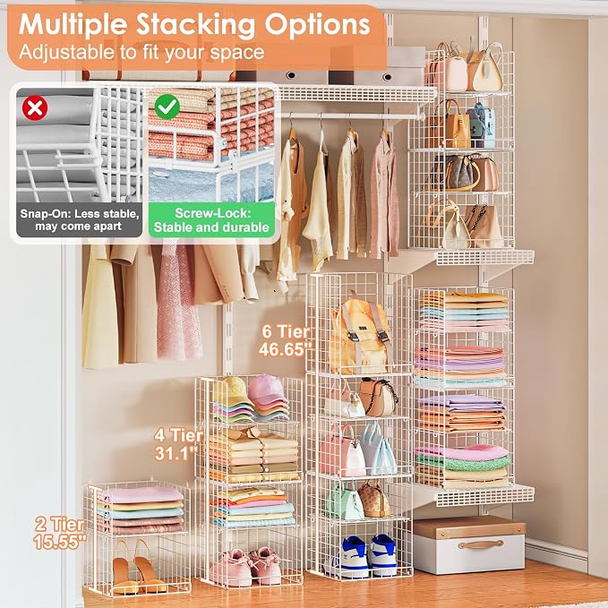 Yuyetuyo 6 Tier Raised-Height Hanging Closet Organizer, Stackable Sweater Organizer for Closet, Wire Storage Basket Bins for Clothes Purse Shoes, Hanging Shelves with 4 Hooks & 3 Dividers Adjustable