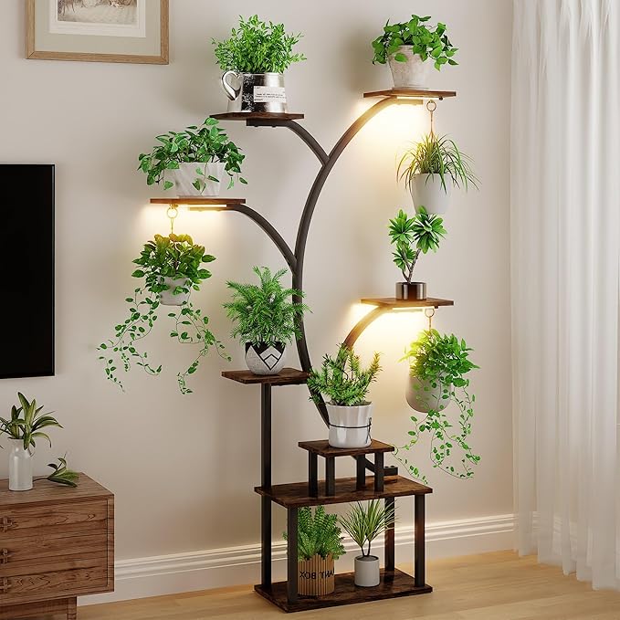 VECELO Plant Stand with Grow Light, 8-Tier Plant Shelf for Multiple Pots , 62" Corner Plant Stand Indoor for Living Room Patio Home Decor