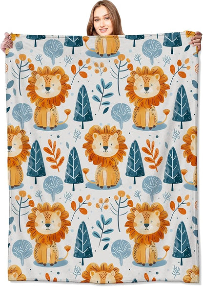 Cute Lion and Forest Blanket,Fun Cartoon Jungle Theme Throw Blankets,Birthday Gifts for Kids & Animal Lovers,Lightweight Soft Fleece,for Picnic Sofa Couch Bed Room Travel,Modern Decor,40x50in