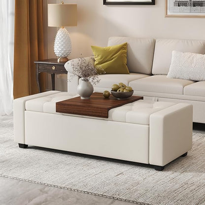 Storage Ottoman Bench with Tray,47" Ottoman with Storage for Living Room, Rectangular Bench with Cushion and Safety Hinge for Bedroom,Holds up to 400 lb,Beige