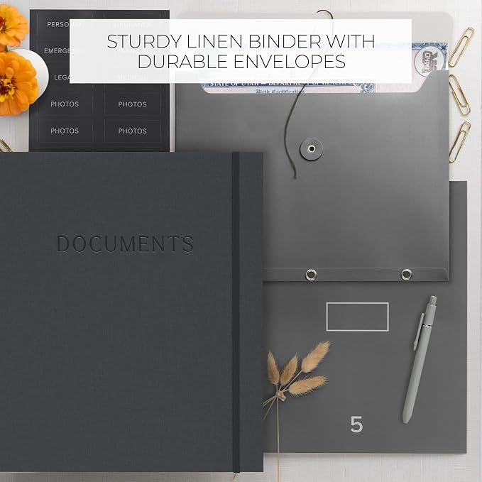 Important Document Organizer Set with Folders - Complete Linen Ring Binder Set Safely Stores All Documents & Files in One Place - Easy to Use Expanding Storage Incl. Envelopes, Pockets & Labels