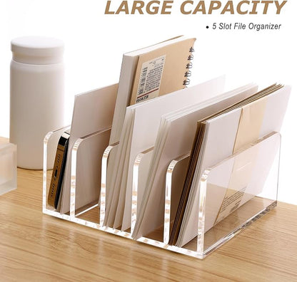 SANRUI 5 Compartments Acrylic Mail Sorter Holder, Clear Document Magazine Envelope File Rack, Vertical Letter Sorter & Multifunction Desk Organizer for Bills, Documents, Notebooks
