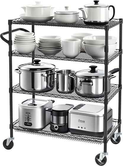 Finnhomy 4 Tier Heavy Duty Commercial Grade Rolling Cart with Handle Bar, Metal Wire Utility Cart with Wheels, Service Trolley on Wheels, Shelf Size 18" D x 36" W, NSF, Black
