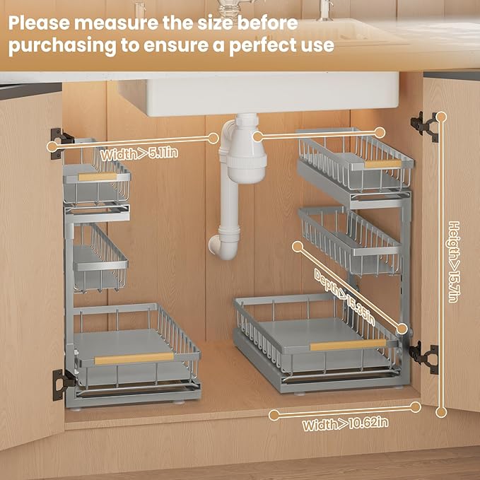 Under Sink Organizer and Storage for Bathroom and Kitchen - 2 Pack 3 Tier Under Cabinet Pull Out Shelf Organizers - Slide Out Drawer Organization for Home Cabinets Shelves and Drawers