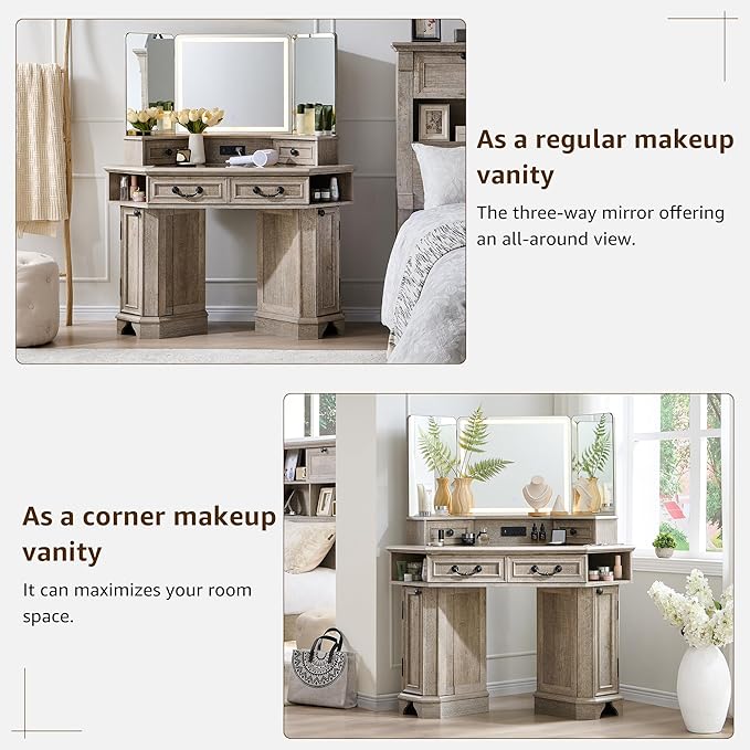 T4TREAM Makeup Vanity Desk 48" with 3 Way Mirror and Lights, Large Farmhouse Corner Vanity Dressing Table with Glass Top & Charging Station, 3 Drawers & 2 Storage Cabinets, Light Rustic Oak