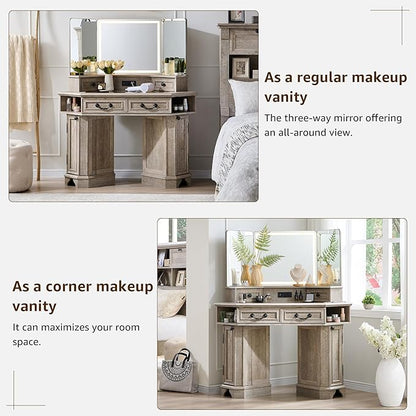T4TREAM Makeup Vanity Desk 48" with 3 Way Mirror and Lights, Large Farmhouse Corner Vanity Dressing Table with Glass Top & Charging Station, 3 Drawers & 2 Storage Cabinets, Light Rustic Oak