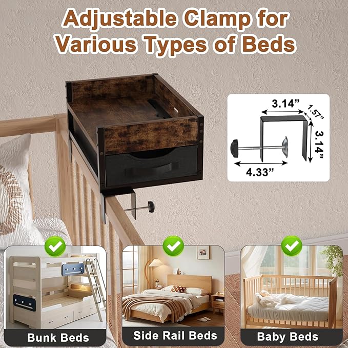 2 Tier Bedside Shelf - Clip on Bedsides Caddy Organizer for Dorm Bunk Beds, Floating Nightstand Bed Side Table Storage with Fabric Drawer, Bunk Bed Accessories Bedside Tray for College, Back to School