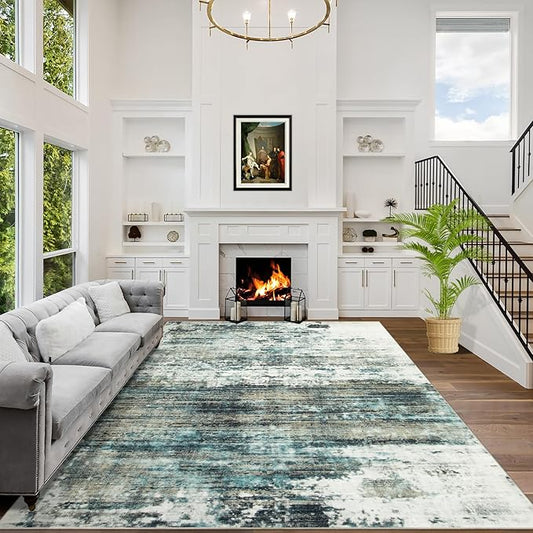 9x12 Area Rugs Washable Rug: Modern Abstract Living Room Rug Soft Anti-Skid Thin Carpet Indoor Floor Non-Shedding Carpets for Bedroom Dining Room Farmhouse Nursery Home Office Green Multi