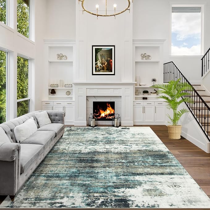6x9 Area Rugs Washable Rug: Large Modern Abstract Living Room Rug Soft Anti-Skid Thin Carpet Indoor Floor Non-Shedding Carpets for Bedroom Dining Room Farmhouse Nursery Home Office Green Multi