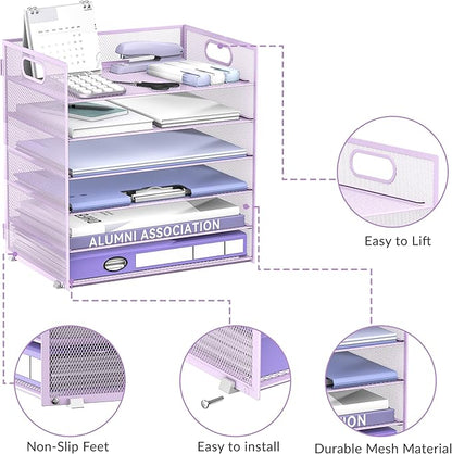 Daltack 6 Tier Paper Organizer for Desk, Paper Letter Tray Organizer for Desks, Mesh Desk File Organizers with Handle for Office, Home, School, Purple, 2 Pack