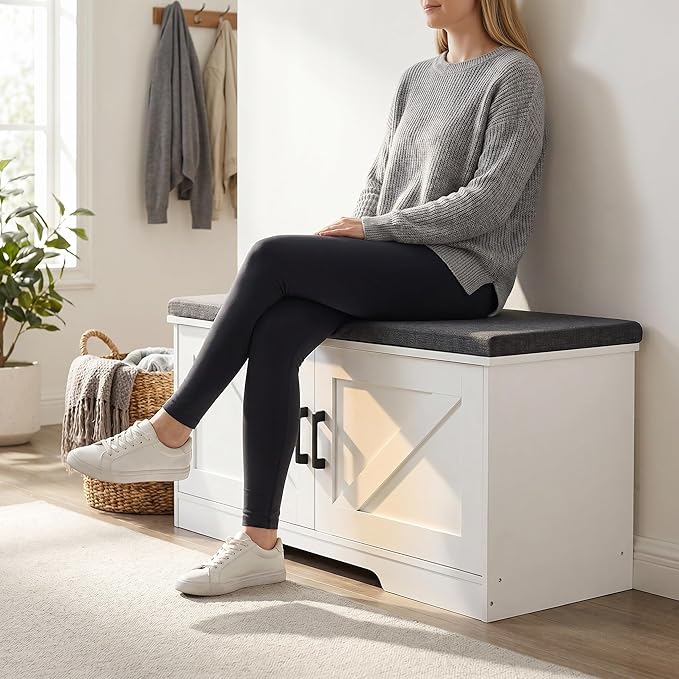 HOMSHO 2-Tier Storage Bench, 39.4" Wide Shoe Bench with Padded Seat Cushion, Entryway Bench with 2 Barn Doors and Adjustable Shelf, White