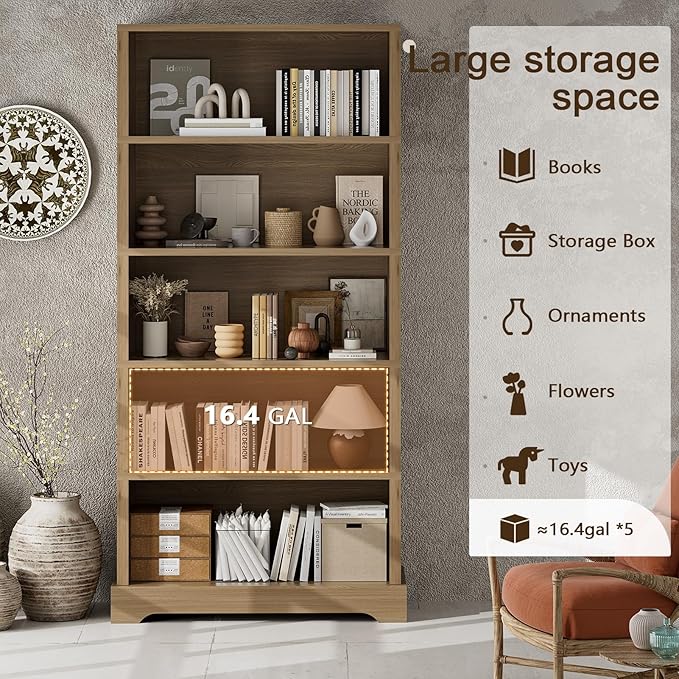 TVU 5-Tier Wooden Bookshelf, 65" Tall Farmhouse Style Open Bookcase, 31.5" W Standing Book Shelf with Storage, Suitable for Study, Living Room, Office, Teak