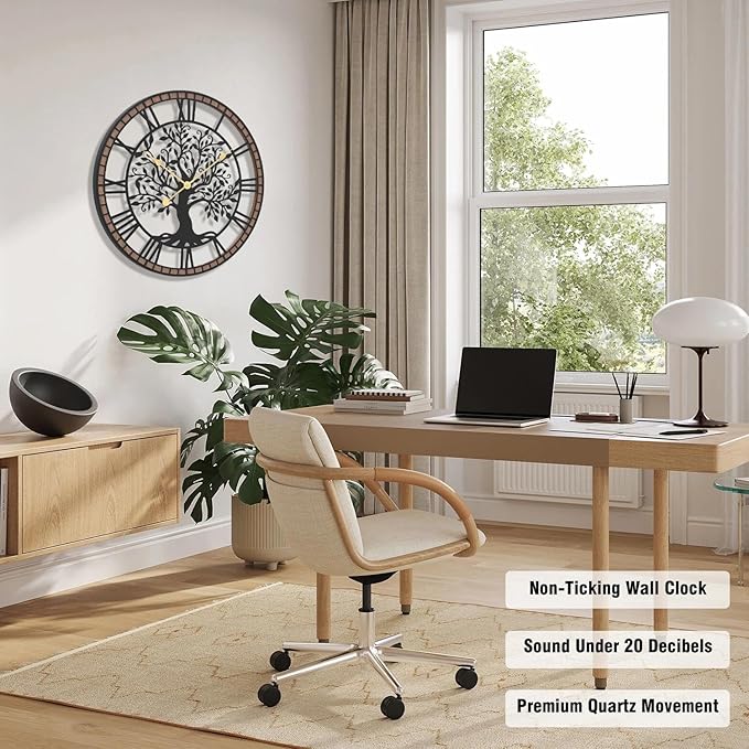 Micasso Non-Ticking Large Wall Clock: 30Inch Tree of Life Metal Black with Solid Wood Frame - Battery Operated Silent Clock for Office/Bedroom/Kitchen - Idea for Fashion-Conscious
