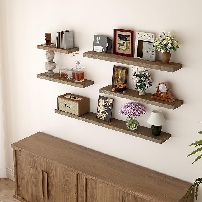 BGMG Wood Floating Shelves for Wall 18 inch, Distressed, Rustic Wooden Wall Mount Shelves for Bathroom Living Room Bedroom Kitchen Farmhouse Set of 2-18x6.7x1.25 inch-Distressed Walnut