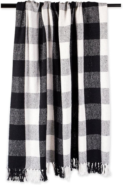 DII Buffalo Check Collection Rustic Farmhouse Throw Blanket with Tassles, 50x60, Black/White