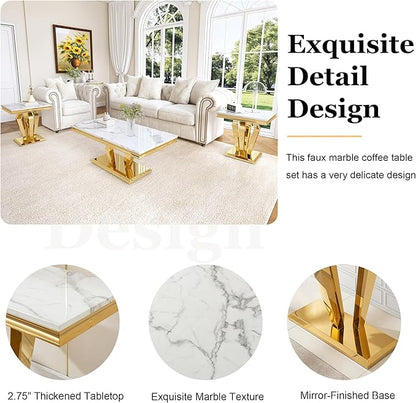 Living Room Coffee Table Set of 3, Modern Marble Coffee Table and 2 End Side Tables, 3-Piece Living Room Table Set with Stainless Steel Base for Living Room (Gold,White)