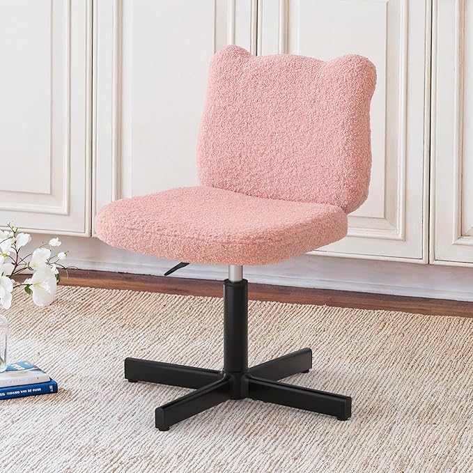 LUE BONA Adjustable Vanity Stool Chair with Girly Bear Ear Wide Back, 360° Swivel Vanity Stool for Makeup Room, Upholstered Teddy Velvet Ottoman for Girls, 350lbs, Pink