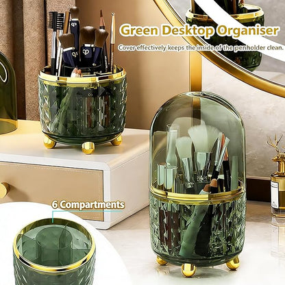 360° Rotating Pencil Holder for Desk, Makeup Brush Holder with 6 Slots, Desk Organizer for Writing Utensil, Office and School Supplies (Green with cover)