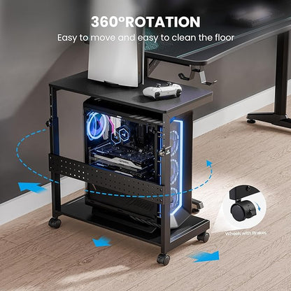 EUREKA ERGONOMIC PC Stand Computer Cart, Height Adjustable Tower Stand 2-Tier Suit for ATX Case Printer, Metal Rolling Cart on Wheels for Gaming Home Office, Carbon Fiber,Home Office Organization
