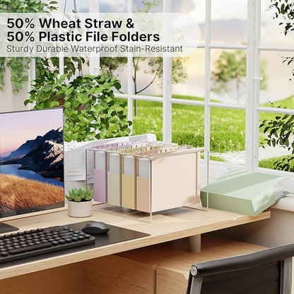 XINGIA Wheat Straw Hanging File Folders Letter Size Extra Capacity,Heavy Duty 2'' Expandable File Cabinet Folders,12 Pack Pastel File Folders Hanging with Tabs,Hanging File Organizer for Office School