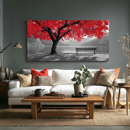 Tarfupth Black and White Red Large Tree of Life Wall Art for Living Room Mountain Artwork Landscape Lake Pictures for Bedroom Office Home Decor Modern Canvas Prints 29"x58"