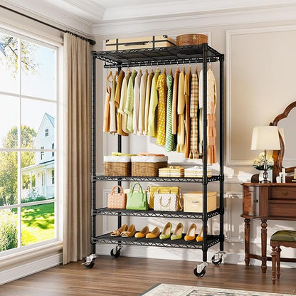 P9 Rolling Clothes Rack Heavy Duty, Clothing Racks for Hanging Clothes, 4 Tiers Garment Rack with Wheels, Metal Portable Closet Rack, 35.5" L X 15.8" W X 80.5" H, Max Load 445 LBS, Black