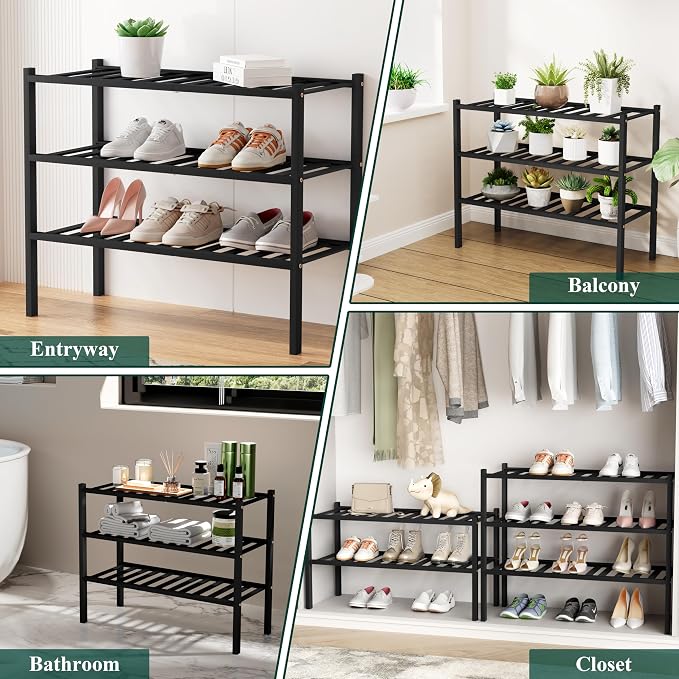 Smiry Long Bamboo Shoe Rack, 5 Tier Free Standing Wooden Shoe Organizer, Stackable Wood Shoe Storage Shelf for Closet, Entryway, 12 Vertical Slats, 2+2+1 Stack Standard Legs, 33.7"x11"x32.5", Black