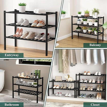 Smiry Long Bamboo Shoe Rack, 6 Tier Free Standing Wooden Shoe Organizer, Stackable Wood Shoe Storage Shelf for Closet, Entryway, 12 Vertical Slats, 2+2+2 Stack Standard Legs, 33.7"x11"x39", Black