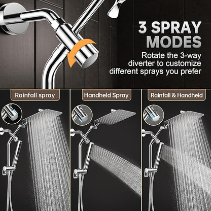 Veken All Metal 10" Shower Head with Handheld, Luxurious Square Double Rain Shower Heads with Spray Combo, Dual High Pressure Detachable Rainfall Showerhead with Extension Arm, Long Hose,Chrome,Sliver