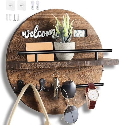 Key Holder for Wall, Key and Mail Holder Organizer with - Key Holder Wall Mount - Round Wooden Rustic Home Decor for Entryway, Mudroom, Hallway, Kitchen Office (Brown)