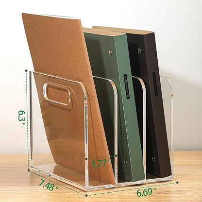 Acrylic Magazine File Holder, 3 Vertical Compartments Desk Document Sorter Organizer, Clear Folder Rack Binder for Office/Documents/Classroom, for Home, Tablet, Magazines, Books & Accessories