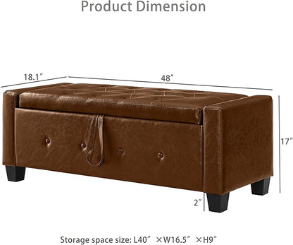 Furniliving Storage Bench, 48‘’ Upholstered PU Leather Ottoman Bench with Button-Tufted, Folding Bedroom Bench with Wood Legs, Entryway Bench for Bedroom, Brown