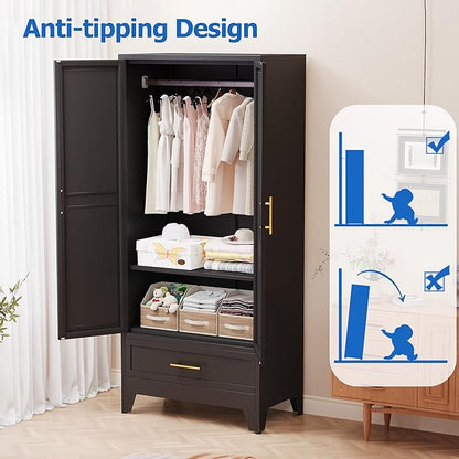 Steel Armoire Wardrobe Closet with Mirror Doors, 71" Household Wardrobe Cabinet with Hanging Rod and Drawer, Metal Clothing Storage Cabinet with Adjustable Shelf for Bedroom, Cloak, Gym(Black)