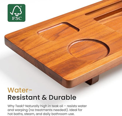 Teak Bathtub Tray for Freestanding Tubs - 29" Heavy-Duty Luxury Bath Caddy, Non-Slip Zero-Wobble Design, Water-Resistant Spa Organizer with Wine Glass & Phone Holder